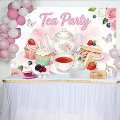 Lofaris Pink Floral Tea Party Birthday Backdrop with Unicorn and Sweets, Elegant Dessert Table Background for Girls Party Decoration