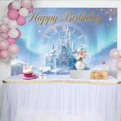 Lofaris Glitter Blue Ice Castle Birthday Backdrop with Clock and Snowflakes, Enchanting Winter Wonderland Background for Party Decor
