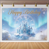 Lofaris Glitter Blue Ice Castle Birthday Backdrop with Clock and Snowflakes, Enchanting Winter Wonderland Background for Party Decor