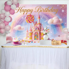 Lofaris Pink Candy Land Birthday Backdrop with Fairytale Castle and Rainbow, Magical Photo Background for Girls Party Decoration