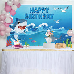 Lofaris Cartoon Shark Happy Birthday Backdrop with Ocean Waves, Colorful Marine Life Party Background for Kids Photos