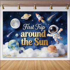 Lofaris Astronaut Space First Birthday Backdrop with Planets and Rocket, Starry Sky Party Background for Baby's First Trip Celebration