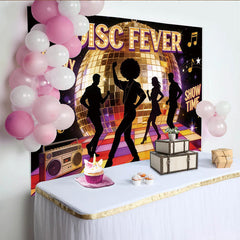 Lofaris Groovy Disco Party Backdrop with Golden Ball and Dancing Silhouettes, Colorful Dance Floor Background for Event Photography
