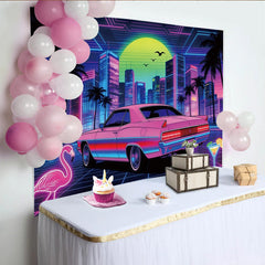 Lofaris Vibrant 80s Retro Neon City Photography Backdrop with Pink Car and Palm Trees, Futuristic Synthwave Background for Party