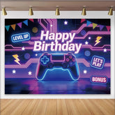 Lofaris Neon Gaming Birthday Backdrop with Controller and Level Up Signs, Vibrant Party Background for Game Theme Celebration