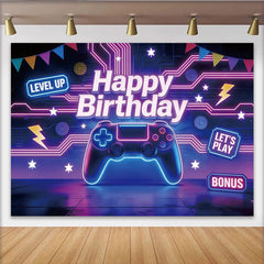Lofaris Neon Gaming Birthday Backdrop with Controller and Level Up Signs, Vibrant Party Background for Game Theme Celebration