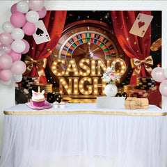 Lofaris Vibrant Casino Night Party Backdrop with Roulette Wheel, Playing Cards and Poker Chips, Red Curtain Event Decoration for Photography