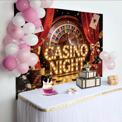 Lofaris Vibrant Casino Night Party Backdrop with Roulette Wheel, Playing Cards and Poker Chips, Red Curtain Event Decoration for Photography