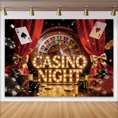 Lofaris Vibrant Casino Night Party Backdrop with Roulette Wheel, Playing Cards and Poker Chips, Red Curtain Event Decoration for Photography