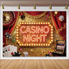 Lofaris Red Velvet Casino Night Party Backdrop with Glitter and Game Elements, Luxurious Gambling Theme Background for Adult Event Photography