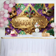 Lofaris Golden Mardi Gras Backdrop with Festive Masks and Glitter, Purple Green Gold Party Decoration for Celebration Photography.