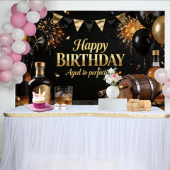 Lofaris Black and Gold Men's Birthday Backdrop with Whiskey and Cigar, Aged to Perfection Party Decor for Adult Celebration Photoshoot