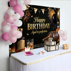 Lofaris Black and Gold Men's Birthday Backdrop with Whiskey and Cigar, Aged to Perfection Party Decor for Adult Celebration Photoshoot