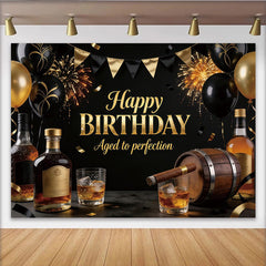 Lofaris Black and Gold Men's Birthday Backdrop with Whiskey and Cigar, Aged to Perfection Party Decor for Adult Celebration Photoshoot