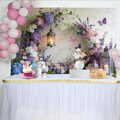 Lofaris Enchanted Garden Floral Photography Backdrop with Hydrangeas, Romantic Lanterns and Butterflies Background for Photoshoot