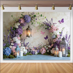 Lofaris Enchanted Garden Floral Photography Backdrop with Hydrangeas, Romantic Lanterns and Butterflies Background for Photoshoot