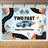 Lofaris' Two Fast Racing Car 2nd Birthday Backdrop, Blue Race Track Theme, for Kids Boy Party Decoration and Photo Booth Props