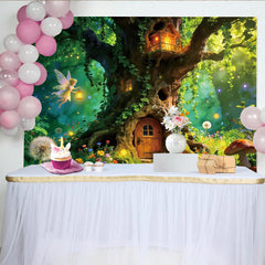Lofaris Enchanted Forest Photography Backdrop with Fairy and Treehouse, Magical Woodland Background for Kids Photoshoot