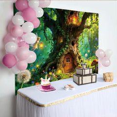 Lofaris Enchanted Forest Photography Backdrop with Fairy and Treehouse, Magical Woodland Background for Kids Photoshoot