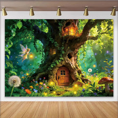 Lofaris Enchanted Forest Photography Backdrop with Fairy and Treehouse, Magical Woodland Background for Kids Photoshoot