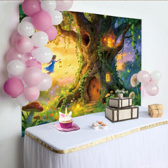 Lofaris Enchanted Forest Photography Backdrop with Fairy and Magical Treehouse, Whimsical Studio Background for Kids Photoshoot