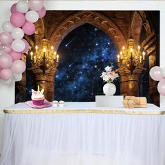 Lofaris Gothic Arch Starry Night Photography Backdrop with Chandeliers, Celestial Castle Background for Professional Studio Portraits