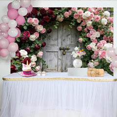Lofaris Rustic Wooden Door Photography Backdrop with Red and Pink Roses, Elegant Floral Background for Wedding and Portrait Studio