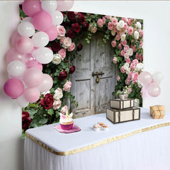 Lofaris Rustic Wooden Door Photography Backdrop with Red and Pink Roses, Elegant Floral Background for Wedding and Portrait Studio