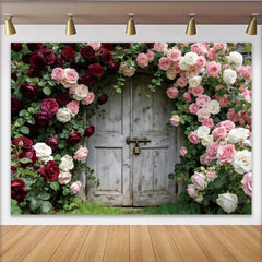 Lofaris Rustic Wooden Door Photography Backdrop with Red and Pink Roses, Elegant Floral Background for Wedding and Portrait Studio