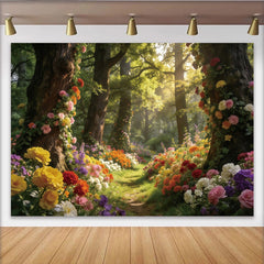 Lofaris Enchanted Forest Floral Photography Backdrop with Lush Trees and Sunlit Path, Magical Studio Background for Photoshoot Decor