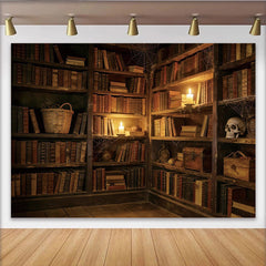 Lofaris Vintage Library Photography Backdrop with Old Books, Candles, and Skull, Mysterious Dark Academia Studio Background for Portrait