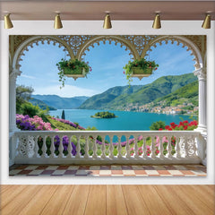 Lofaris Elegant Balcony View Natural Scenery Backdrop with Lake and Mountains, Vibrant Floral Photography Background for Studio or Event