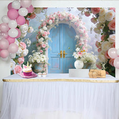 Lofaris Romantic Blue Door Floral Photography Backdrop with Pink and White Roses, Elegant Garden Arch Background for Wedding