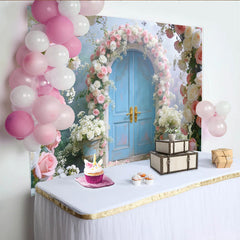 Lofaris Romantic Blue Door Floral Photography Backdrop with Pink and White Roses, Elegant Garden Arch Background for Wedding