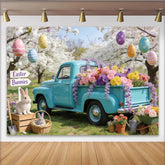 Lofaris Charming Easter Backdrop with Vintage Blue Truck, Colorful Flowers and Spring Blossoms, Festive Background for Holiday Celebration