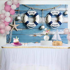 Lofaris Blue Wood Nautical Photography Backdrop with Lifebuoys, Sailboat, Perfect Studio Background for Coastal Photoshoots and Event Decor