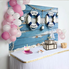 Lofaris Blue Wood Nautical Photography Backdrop with Lifebuoys, Sailboat, Perfect Studio Background for Coastal Photoshoots and Event Decor