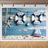 Lofaris Blue Wood Nautical Photography Backdrop with Lifebuoys, Sailboat, Perfect Studio Background for Coastal Photoshoots and Event Decor