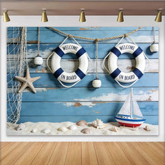Lofaris Blue Wood Nautical Photography Backdrop with Lifebuoys, Sailboat, Perfect Studio Background for Coastal Photoshoots and Event Decor