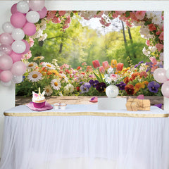 Lofaris Vibrant Spring Floral Photography Backdrop with Wooden Floor, Bright Nature Scene Background for Studio Photoshoots and Decor
