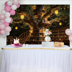 Lofaris Enchanted Tree Library Photography Backdrop with Warm Lights, Magical Studio Background for Fantasy Portraits and Events