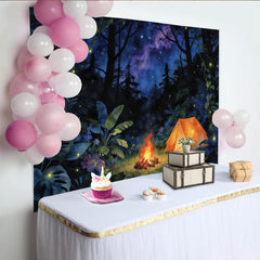 Lofaris Magical Forest Photography Backdrop with Glowing Tent and Starry Sky, Enchanted Camping Background for Studio Photoshoot