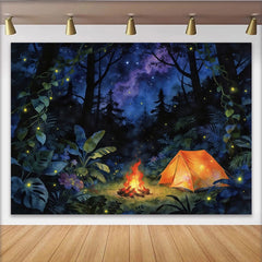 Lofaris Magical Forest Photography Backdrop with Glowing Tent and Starry Sky, Enchanted Camping Background for Studio Photoshoot