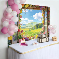 Lofaris Colorful Floral Window Photography Backdrop with Spring Landscape, Beautiful Nature Scene for Studio Photoshoot