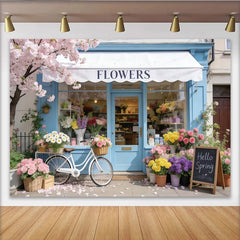 Lofaris Spring Flower Shop Photography Backdrop with Blue Facade and Cherry Blossoms, Charming Bicycle and Hello Spring Sign for Photoshoot
