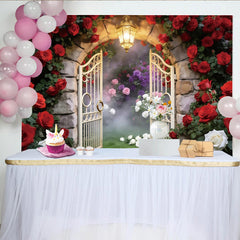 Lofaris Enchanted Garden Photography Backdrop with Red Roses and Stone Arch, Elegant Photo Booth Prop for Romantic Wedding and Portrait
