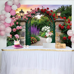 Lofaris Romantic Garden Floral Photography Backdrop with Stone Arch and Roses, Elegant Nature Background for Studio Photoshoot