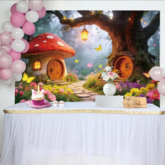 Lofaris Magical Fairy Tale Forest Photography Backdrop, Whimsical Mushroom and Tree House Scene for Studio Photoshoot