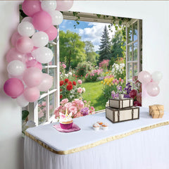Lofaris Vibrant Spring Window Garden Photography Backdrop with Colorful Flowers, Lush Natural Scenery Background for Studio Photoshoots