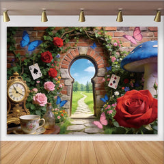 Lofaris Wonderland Photography Backdrop with Magical Archway, Roses and Butterflies, Enchanting Garden Background for Studio Photoshoot